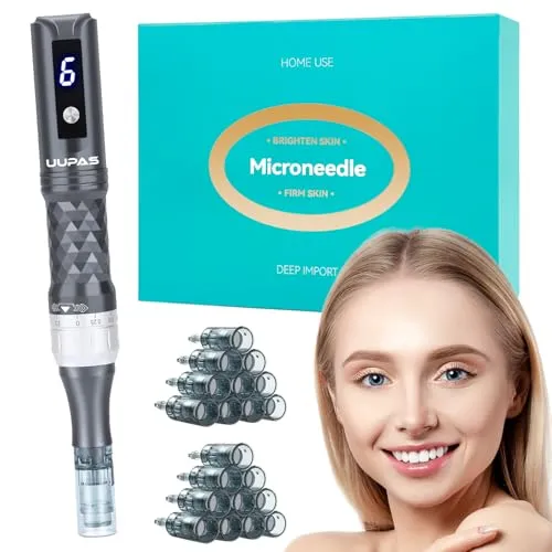 Microneedling Pen - UUPAS Professionelles Elektrisches Kabel Microneedling Nadeln 20 Ersatzpatronen Wiederaufladbare Therapie Gerät - Beauty Micro Needling für Gesicht Körper und Haarwachstum (Grau)
