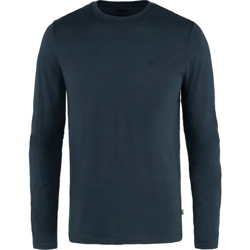 Fjällräven Abisko Wool LS Men Dark Navy (L) - T-Shirts & Longsleeves, leichtes Langarm-Shirt aus Merinowolle und recyceltem Polyester, ideal für Wanderungen dank geruchsneutraler Eigenschaften und temperaturregulierender Funktion.