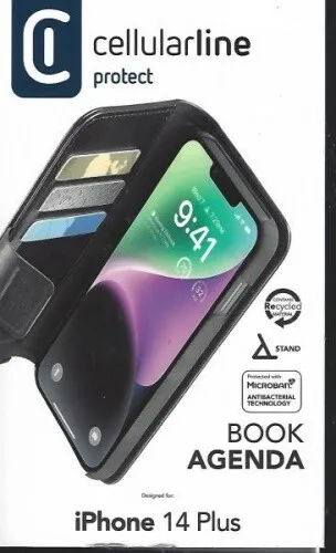 Cellularline BOOK AGENDA 2 Booklet für Apple iPhone 14 Plus - Elegante Buchformat-Tasche mit RFID-Blocker und Standfunktion für bequeme Videoanrufe. Antibakterielle Microban Technologie schützt die Oberfläche.