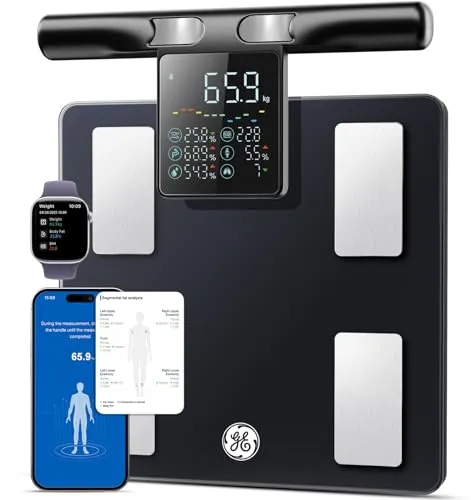 GE Smart Körperfettwaage mit Handsensoren, 50 Körperwerte Präzisions 180kg | Waage mit Körperfett und Muskelmasse, BMI, Bluetooth