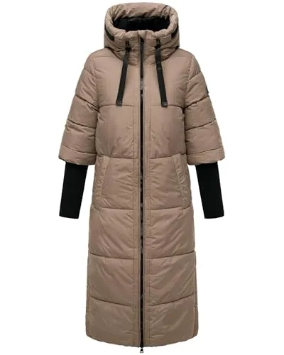 Navahoo Damen langer Wintermantel Ciao Miau XIV in Taupe Grey, Gr. 3XL - Stylischer Damen Steppmantel mit Kapuze und Rippstrickärmeln für kalte Tage. Das wasserabweisende Material und der moderne oversized Look sorgen für Komfort und Bewegungsfreiheit.