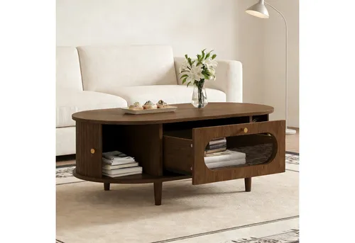 MODFU Couchtisch Walnussfarben mit Schublade und Rollladenfächern