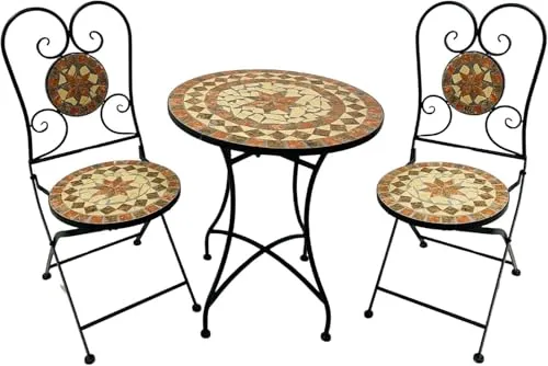 Wohnando 3tlg. Bistroset Balkonmöbel klappbar | Vintage Gartenmöbel Set mit Mosaik Tisch und 2 Stühlen - Schaffen Sie eine einladende Atmosphäre mit diesem platzsparenden Bistroset. Die klappbaren Möbel aus robustem Metall sind ideal für Balkon und Terrasse und überzeugen durch ihr stilvolles Mosaik-Design. Perfekt für entspannte Stunden im Freien.