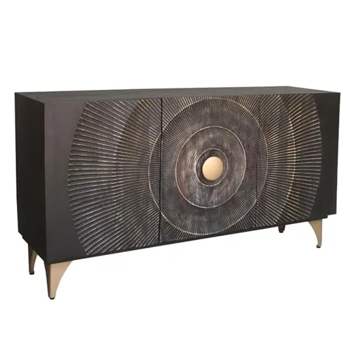 riess-ambiente Sideboard GOLDEN SUNSET 140cm schwarz/gold - Elegantes Sideboard aus handgefertigtem Mangoholz mit kunstvollen 3D-Schnitzereien und goldenen Metallfüßen – ideal für stilvolle Akzente im Wohnzimmer oder Flur.