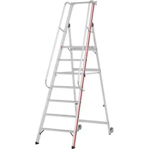 Hymer Podestleiter 808107, fahrbar und klappbar mit 7 Stufen - Leiter für bis zu 150 kg, max. Arbeitshöhe 3,65 m. Mit 2 Bockrollen für einfache Mobilität und ergonomischen Handläufen für sicheren Stand.