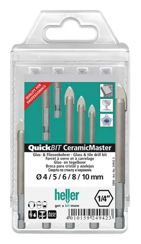 Heller Tools QuickBit CeramicMaster 24942 - 5-teiliges Glas- und Fliesenbohrer-Set, exakte Löcher in empfindlichen Materialien mit speziellem Anschliff