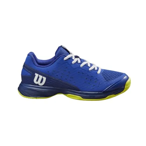 Wilson Rush Pro Tennis Shoe - Bluing/Blue Print/Safety Yellow - Tennisschuhe für Junioren, bieten optimale Stützung und Dämpfung für aufstrebende Talente. Atmungsaktives Design sorgt für Komfort auf jedem Belag.
