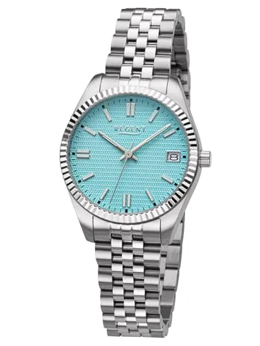 REGENT Damen-Armbanduhr Stahl/Hellblau BA-879 - Elegante Armbanduhr für Damen mit blauem Zifferblatt, Edelstahlgehäuse und sicherer Faltschließe – perfekt für jeden Anlass.