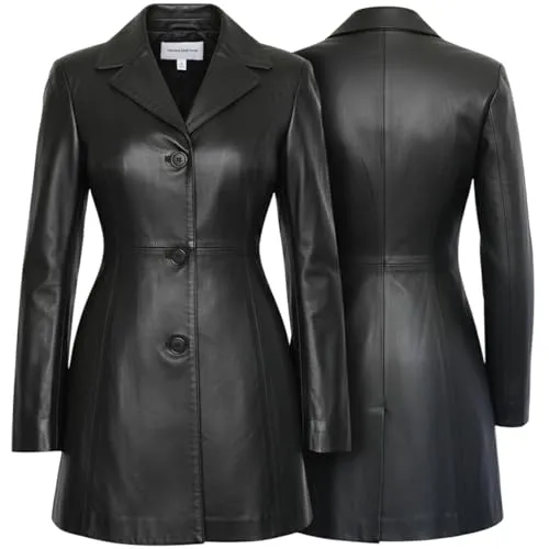 German Wear Damen Ledermantel Trenchcoat echtleder Mantel aus Lammnappa Leder Schwarz, Größe:38