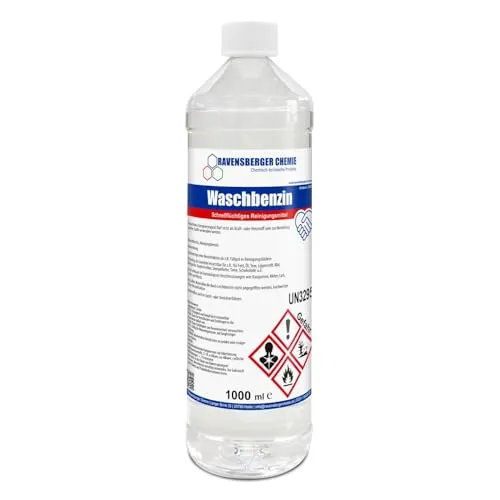 Ravensberger Chemie Waschbenzin Spezialreiniger – hochwirksam gegen Fett, Öl, Teer, Kleber, Farbe, Tinte, Wachs & Kaugummi – ideal für Kunststoffoberflächen (1 Liter)