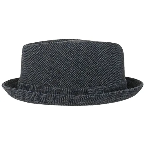 Lipodo Diamond Crown Herringbone Wollhut Pork Pie Fedora mit Innenfutter Stoffhut Damen Herren Sommer Winter schwarz-blau L (58-59 cm)
