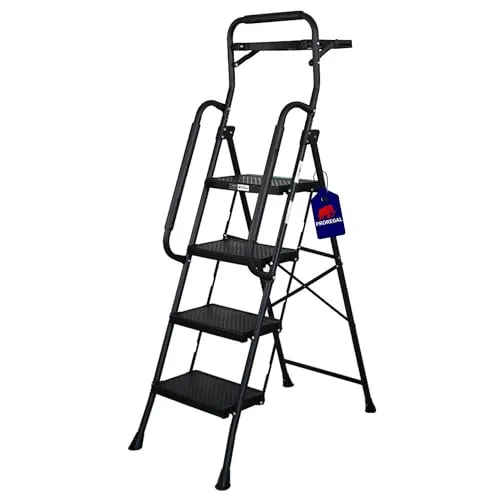PROREGAL Profi-Trittleiter mit 4 XXL-Stufen - Leiter mit TÜV/GS-Zertifizierung, klappbar und robust, Traglast bis 150 kg. Ideal für sicheres Arbeiten in jeder Höhe.
