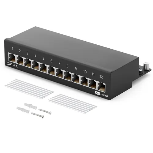 Patchpanel Cat.6a Patchfeld 12 Port RJ45 geschirmt Desktop Aufputz schwarz LSA