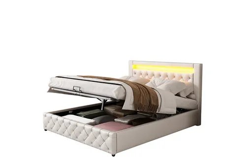 REDOM Polsterbett Polsterbett Doppelbett Stauraumbett Bett mit Lattenrost ohne Matratze (140 x 200 cm ohne Matratze), Funktionsbett mit Lattenrost und Stauraum,Mit LED-Beleuchtung