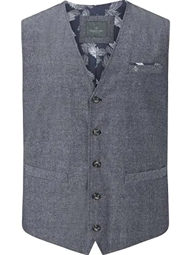 Charles Colby Herren Weste Duke Daniel dunkelblau, 60 - Herren-Westen mit stylischer Blätter-Druck-Rückseite und passendem Brusttuch – perfekt für den modernen Dandy, vom Büro zur After Work Party.