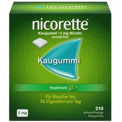 nicorette Kaugummi freshmint 2 mg, 210 St - Nikotinkaugummi zur Raucherentwöhnung mit 2 mg Nikotin, lindert Entzugserscheinungen und unterstützt beim Aufhören. Zuckerfrei mit frischem Minzgeschmack, ideal für bis zu 20 Zigaretten pro Tag.