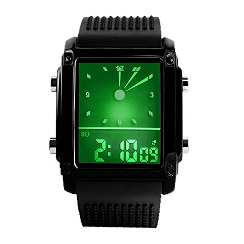 TONSHEN Digitaluhr 5ATM Wasserdicht Sport Uhren LED Analog Quarzuhr Edelstahl mit Kautschukband Farbe Licht Mode Armbanduhr für Herren Damen, Schwarz