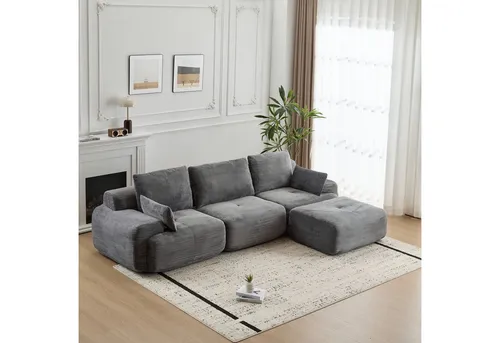 Leawin Ecksofa Ecksofa 3-Sitzer Sofa mit Hocker, ohne Montage, ergonomisch, Modulares Sofa, 32D Polsterung für Wohnzimmer, Schlafzimmer & Büro