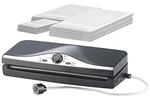 Rosenstein & Söhne Lebensmittel-Vakuumierer: 2in1-Vakuumierer für Folien & Dosen, Doppelnaht, mit 150 Folienbeuteln (Folienbeutel-Balken, Vakuumversiegelungs-Pumpe, Frischhaltedosen)