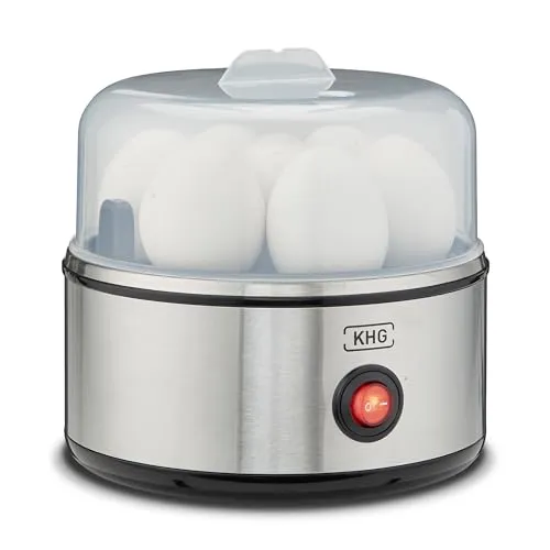 KHG Eierkocher Edelstahl Modern | 1 Ei - 7 Eier | Messbecher mit Eipick | 380 Watt Edelstahlheizplatte, mit akustischer Fertigmeldung | 16 cm Breite x 15,5 cm Höhe