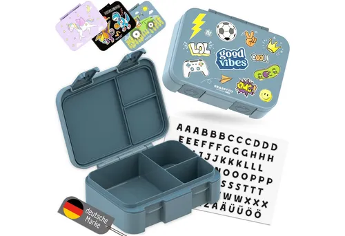 BEARFOOT Lunchbox Brotdose mit Fächern, auslaufsicher - Sticker blau 650ml, PP, ABS, Silikon, Kindergarten und Schule - Mädchen und Jungen, Vesperbox, Snackbox