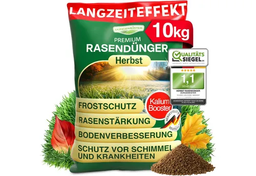 DÜNGEMEISTER Herbstdünger 10 kg - Rasendünger mit KaliumPlus für einen frostresistenten, gesunden Rasen, der schon früh im Frühjahr erblüht. Ideal für eine kräftige Bodenverbesserung und langanhaltendes Wachstum.