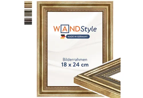 WANDStyle Bilderrahmen H450, Gold - Bilderrahmen im Antik Stil aus hochwertigem Massivholz, ideal für 18x24 cm Bilder. Nachhaltige Produktion 'Made in Germany' mit geringen CO2-Emissionen.