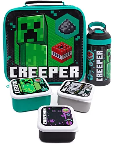 Minecraft Lunchbag Kinder Creeper 5 -teilige Beutel Wasserflasche 3 Snacktöpfe