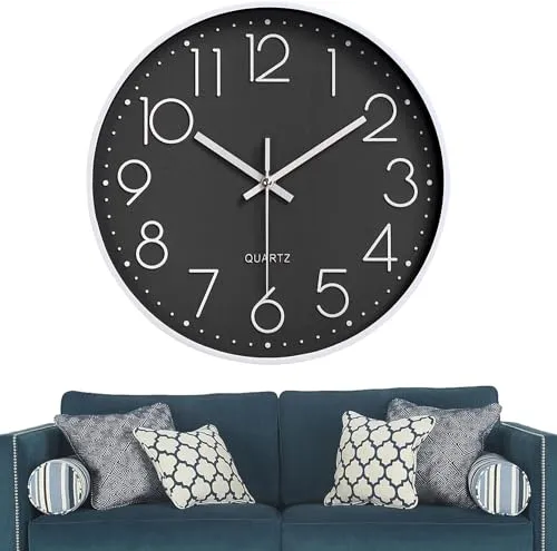 Chedin 30cm Rund Wanduhr Ohne Ticken - Modern Quarz, Lautlos, Groß, für Kinder - Uhrwerk (Schwarz/Weiß)