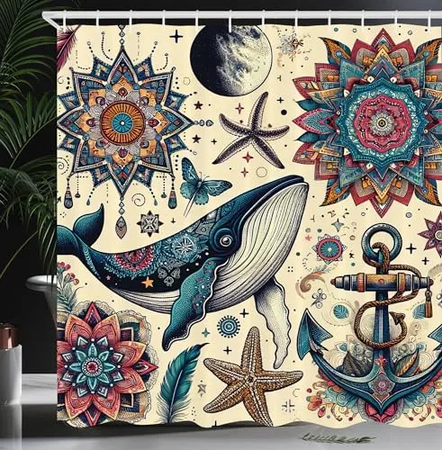 ABAKUHAUS Nautisch Duschvorhang, Klassisches bohemianisches Marines Konzept mit Wal Mandala Federn Anker, Stoffliches Gewebe Badezimmerdekorationsset mit Haken, 175 x 200 cm, Elfenbein Türkis Koralle