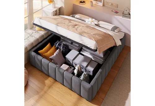 Flieks Polsterbett 140x200cm mit hydraulischem Stauraum - Praktisches Stauraumbett für Kinder mit robustem Leinenbezug. Ideal für kleine Räume, unterstützt eine Matratze von 140x200cm (nicht enthalten). Belastbar bis 226kg und platzsparend.