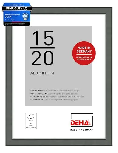 DEHA Design Bilderrahmen, 15 x 20 cm, Aluminium, Grau matt, Fotorahmen zum Auftstellen im Hoch- & Querformat, bruchsicheres Kunstglas, Boston