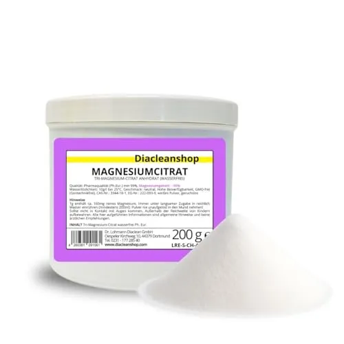 Magnesiumcitrat Pulver 200g - Tri-Magnesium-Citrat anhydrat - wasserfrei - Pharmaqualität aus Deutschland - hoher Magnesiumgehalt 16% - Gentechnikfrei - ohne Zusatzstoffe