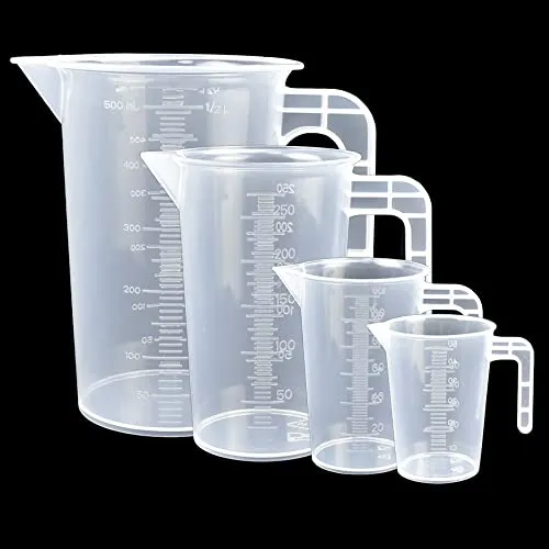 DOUSELLA Messbecher Plastik 50ml 100ml 250ml 500ML Messbecher Set mit Griff Messbecher Hitzebeständig für Waschmittel, Küche, Labor, die Autopflege feine Skala Lebensmittelecht(Transparent)