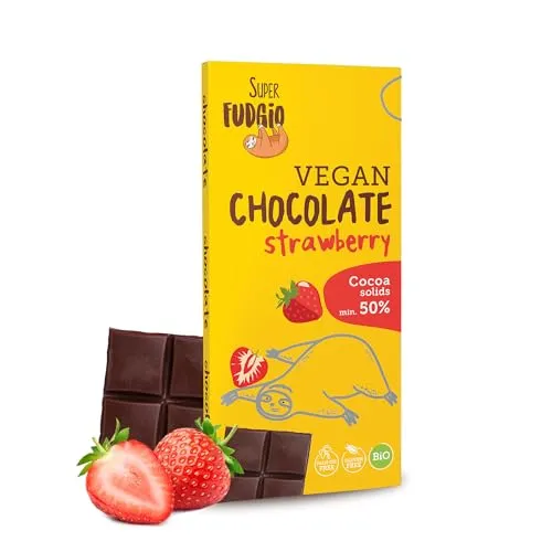 SUPER FUDGiO Bio vegane Schokolade, Erdbeer-Geschmack – biologisch und glutenfrei, mit Kokosmilch – Kakaomasse mind. 50% – 80 g