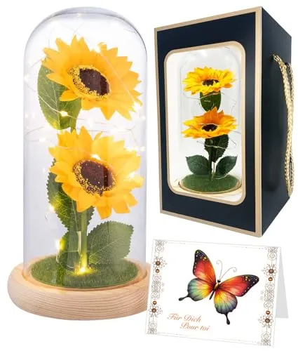Lunartec Blumen: Künstliche Sonnenblumen unter Glas, LED-Licht, 21,5 cm, Geschenktasche (Sonnenblume Deko, Kunstblume Sonnenblume, Pflanzen)