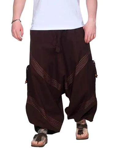 Kunst und Magie Herren Goa Haremshose - XXL, Braun/Orange - Bequeme Herren Haremshose aus 100 % Baumwolle mit dehnbarem Bund und Kordelzug. Ideal für Freizeit und Entspannung mit praktischen Taschen und stilvollen Ziernähten. Hergestellt in Nepal.