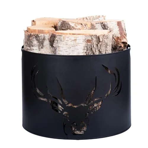 Kapaga – Kaminholzkorb 33 x 26 cm – Metall Schwarz pulverbeschichtet – Holzträger mit Hirschmuster – Robuster Holzkorb für Kamin, Wohnzimmer & Deko, Kaminholzträge