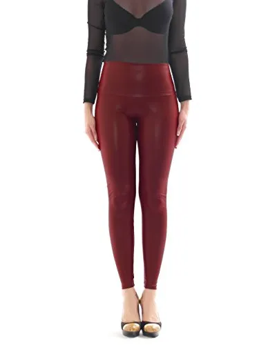 Damen Leggings lang Hose Röre Treggings Glanz-Matt wie Latex Lack Leder Optik hoher Bund dunkelrot M