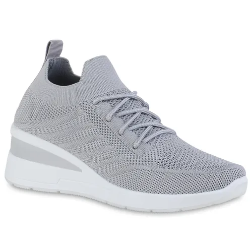 VAN HILL Damen Sneaker Schnürer Strick Profil-Sohle Schuhe 840166, Farbe: Grau, Größe: 39