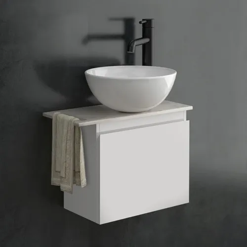Alpenberger Waschbecken Set mit Unterschrank & Keramikplatte - Elegantes Badezimmermöbel Set mit einem runden Aufsatzwaschbecken und pflegeleichter Keramikplatte in Marmor-Optik. Ideal für platzsparende Lösungen im Bad oder Gäste-WC. Vormontiert für einfachen Aufbau.