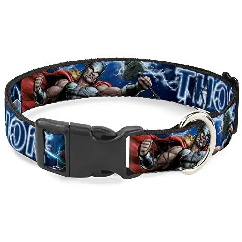 Buckle-Down Clip-Halsband aus Kunststoff – Avengers Thor Hammer/Action Pose Galaxy Blues/Weiß