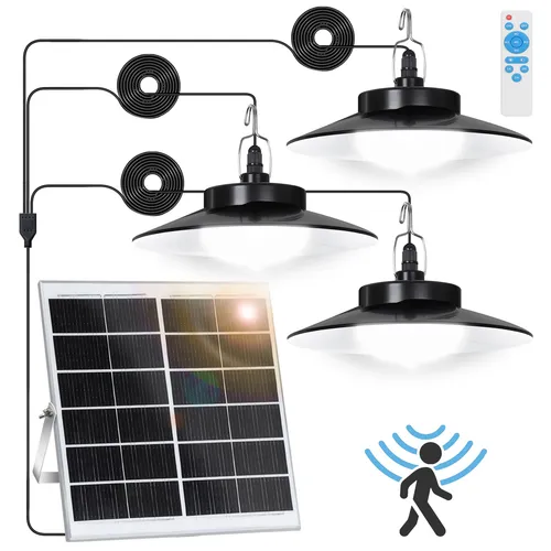LED Solarlampe mit Bewegungsmelder und Fernbedienung - Helle, dimmbare Solarlampe für Innen und Außen mit 5 Modi und Bewegungsmelder. Ideal für Garten, Balkon und mehr. IP65 wetterfest und langlebig mit 30.000 Stunden Lebensdauer.