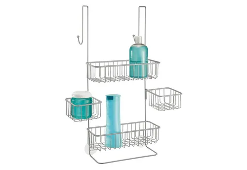 2mGoods Duschkorb um Hängen über die Duschtür (hübsche Duschablage ohne Bohren, Duschregal aus Metall mit drei Körben), und zwei Haken für allerlei Duschzubehör