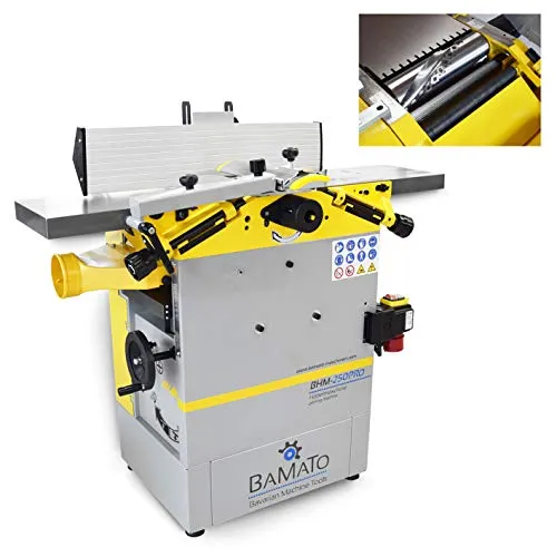 BAMATO BHM-250PRO Abricht- und Dickenhobelmaschine mit Spiralmesserwelle - Elektrohobel mit 1500 Watt Leistung, ideal für präzises Hobeln von Holz bis 25 cm Breite, ausgestattet mit langlebiger Spiralmesserwelle für perfekte Ergebnisse.