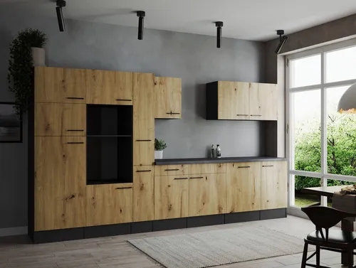 Respekta Küchenzeile Oliver 370 cm - Grau Matt & Artisan Eiche - Moderne Küchenzeile mit ergonomischer Arbeitshöhe und eleganten mattschwarzen Griffen. Flexibel montierbar als durchgehende Zeile oder Doppelblock-Variante, ideal für Ihre Traumküche.