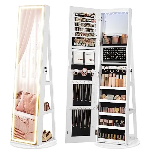SONGMICS Schmuckschrank mit LED-Beleuchtung und Spiegel, Spiegelschrank, abschließbar, Spiegel mit Rahmen, einstellbare Helligkeit, platzsparend, Geschenkidee, wolkenweiß JJC008W03
