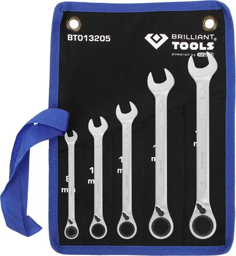 Brilliant Tools BT013205 Ring-Ratschenschlüssel-Satz 8-19mm - 5-teiliges Set in Anlehnung an DIN 3113, feinverzahnt mit 72 Zähnen und 5° Rückschwenkwinkel, ideal für präzise Arbeiten in der Werkstatt.