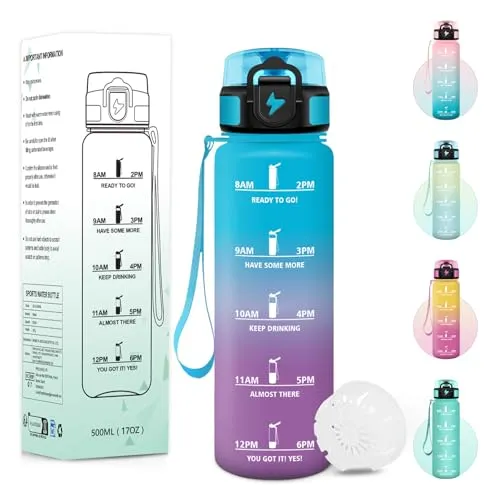Baramumu Trinkflasche, 500ML BPA-Frei, Wasserflasche, Mit Zeitstempel, Trinkflasche Kinder, Auslaufsicheres Schlossdesign, Flasche Kinder Auslaufsicherfür Schule, Yoga, Camping - Blau&Lila