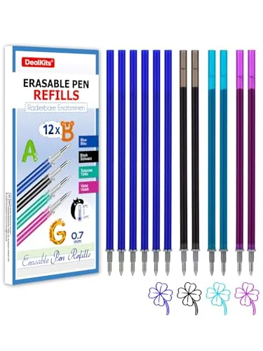 DealKits 12x Radierbarer Ersatzminen für Legami - 6 Blau, 2 Schwarz, 2 Violett, 2 Türkis, Thermoempfindliche Tinte, Stiftspitze 0,7mm, Höhe 13 cm, Gelschreibermine Radierbar